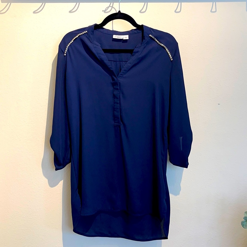 Navy 3/4 Sleeve Blouse with Silver Studded Detail